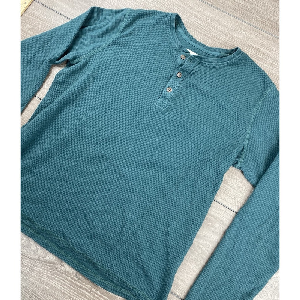 Pact Men's Long Sleeve Waffle Knit Henley Shirt Green Size Large